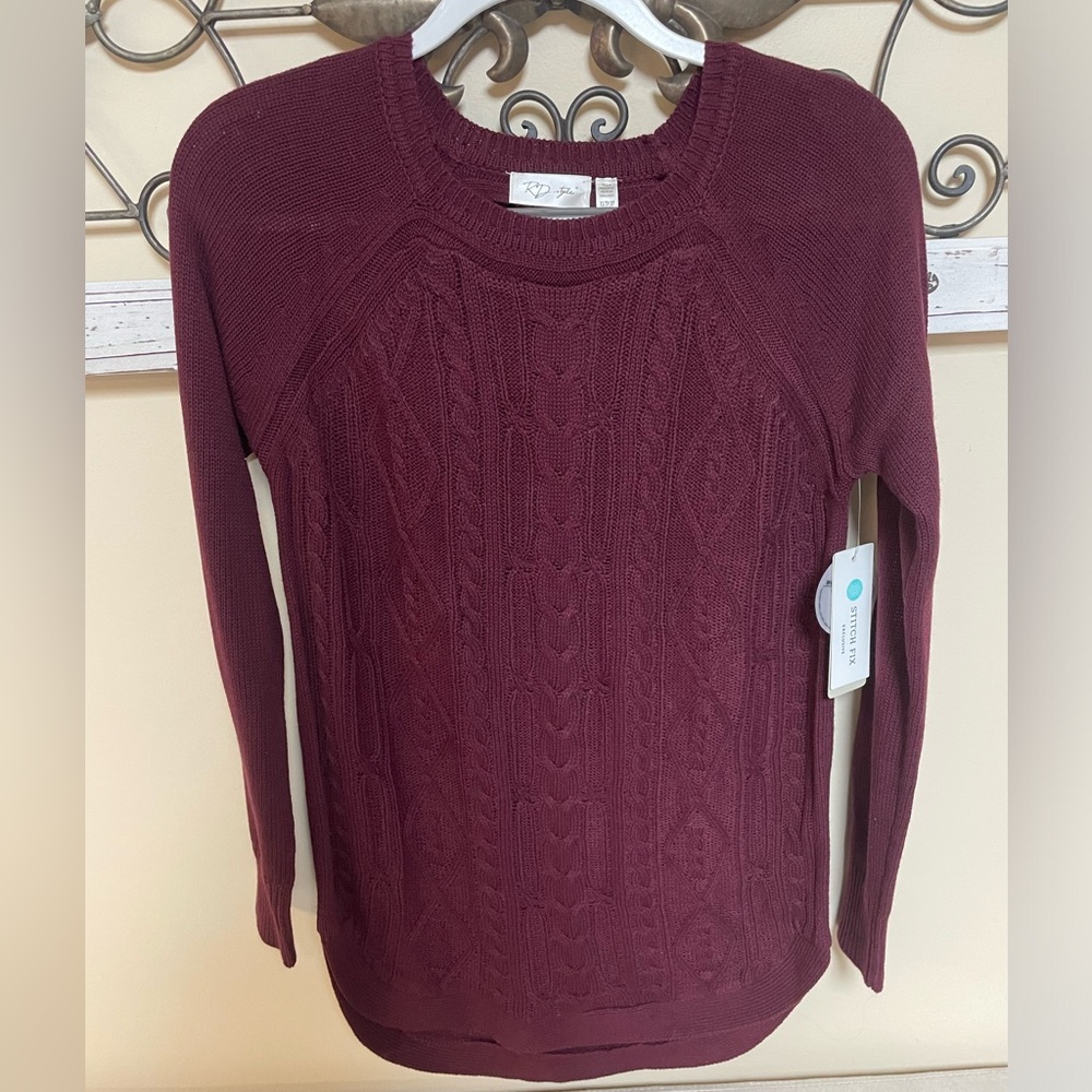 RD Style Vonny Cable Knit Cotton Blend Pullover Burgundy Sweater, Size XS - Picture 2 of 7